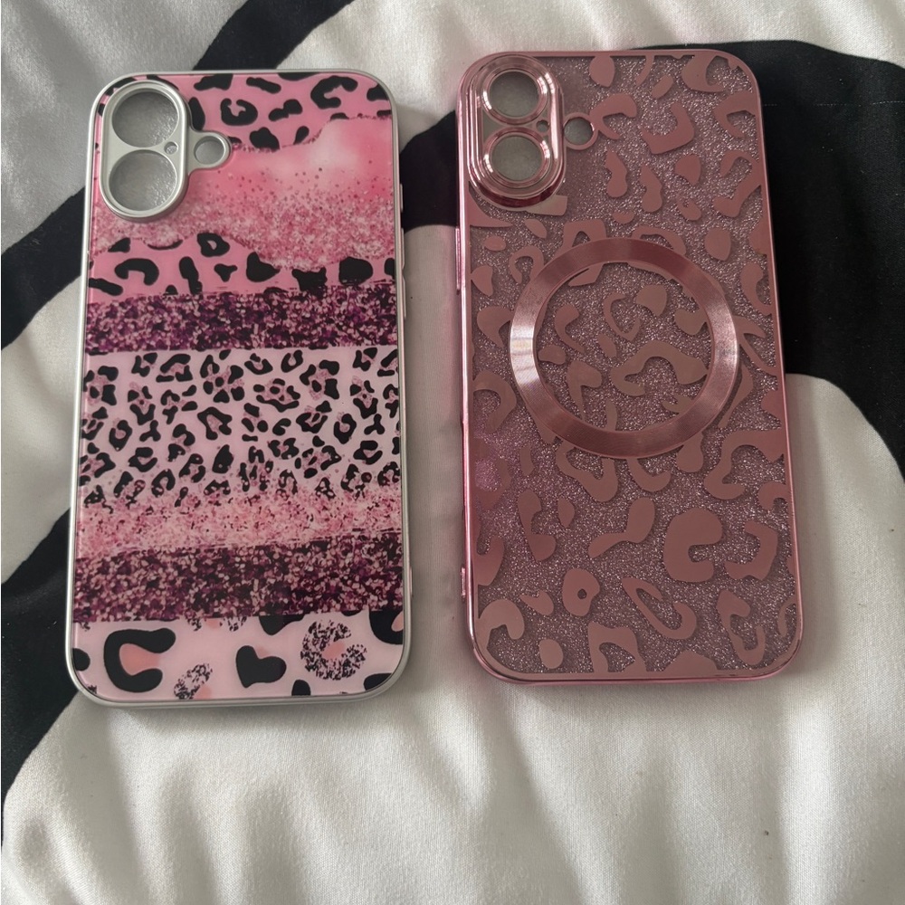 (2) Pink Leopard Print IPhone 16 Plus Phone Case Set